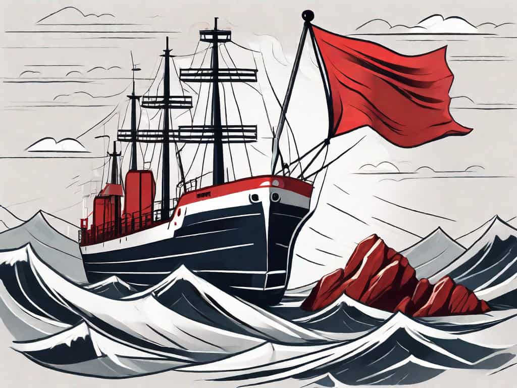 A ship with red flags waving above it