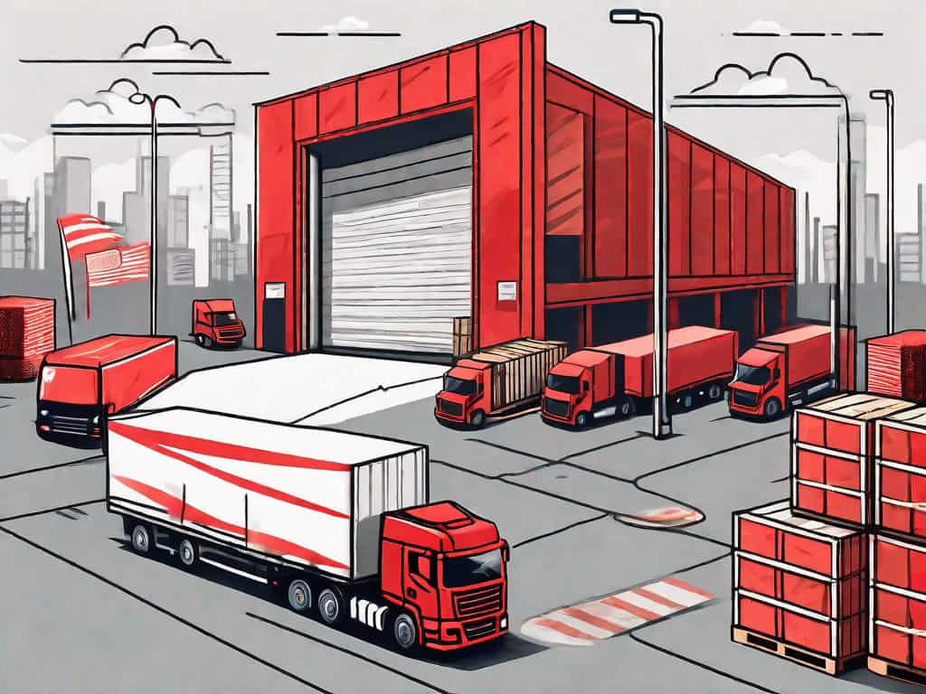 A warehouse with a large red flag flying above it