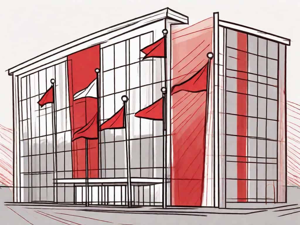 A pharmaceutical company building with red flags flying around it