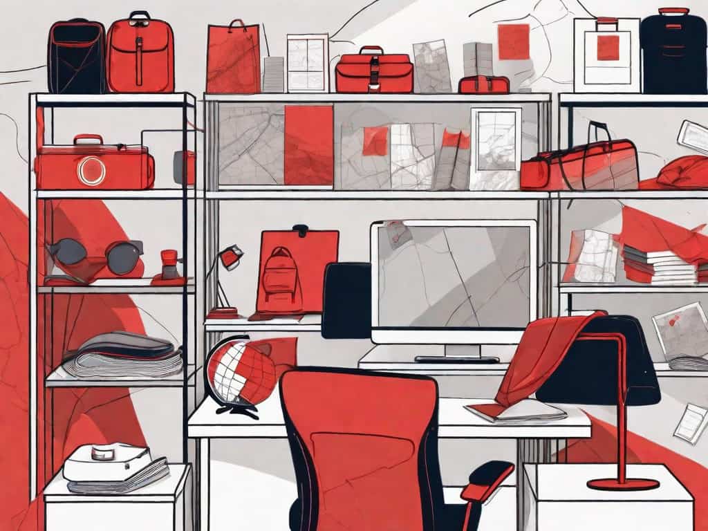 A tour guide company's office with visible red flags sticking out from various items like maps