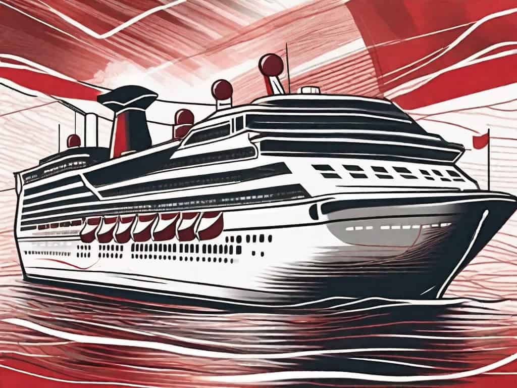 A cruise ship with symbolic red flags waving from various parts of it