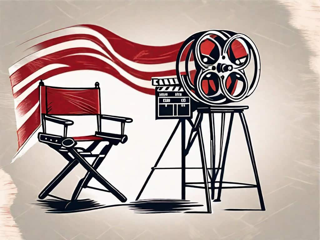 A vintage film reel entangled with a red flag