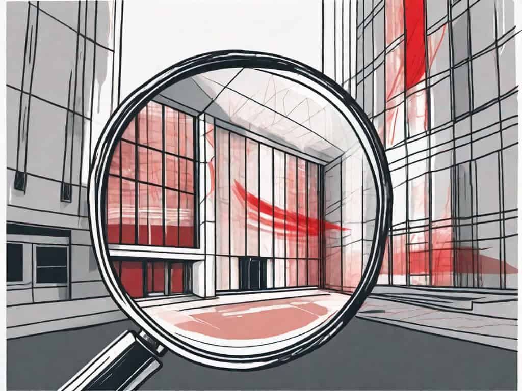 A magnifying glass scrutinizing a security company represented by a building with visible red flags on it