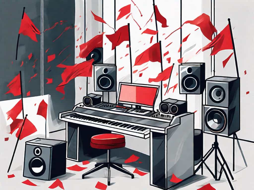 A music recording studio with a few red flags scattered around