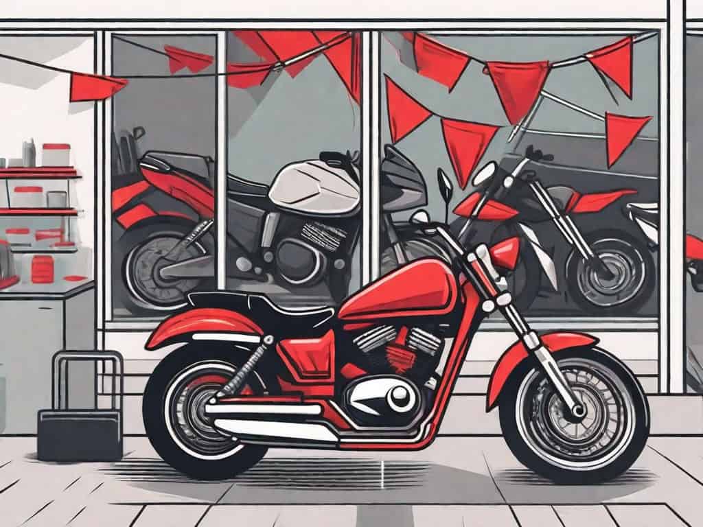 A motorcycle shop with several red flags sticking out from it