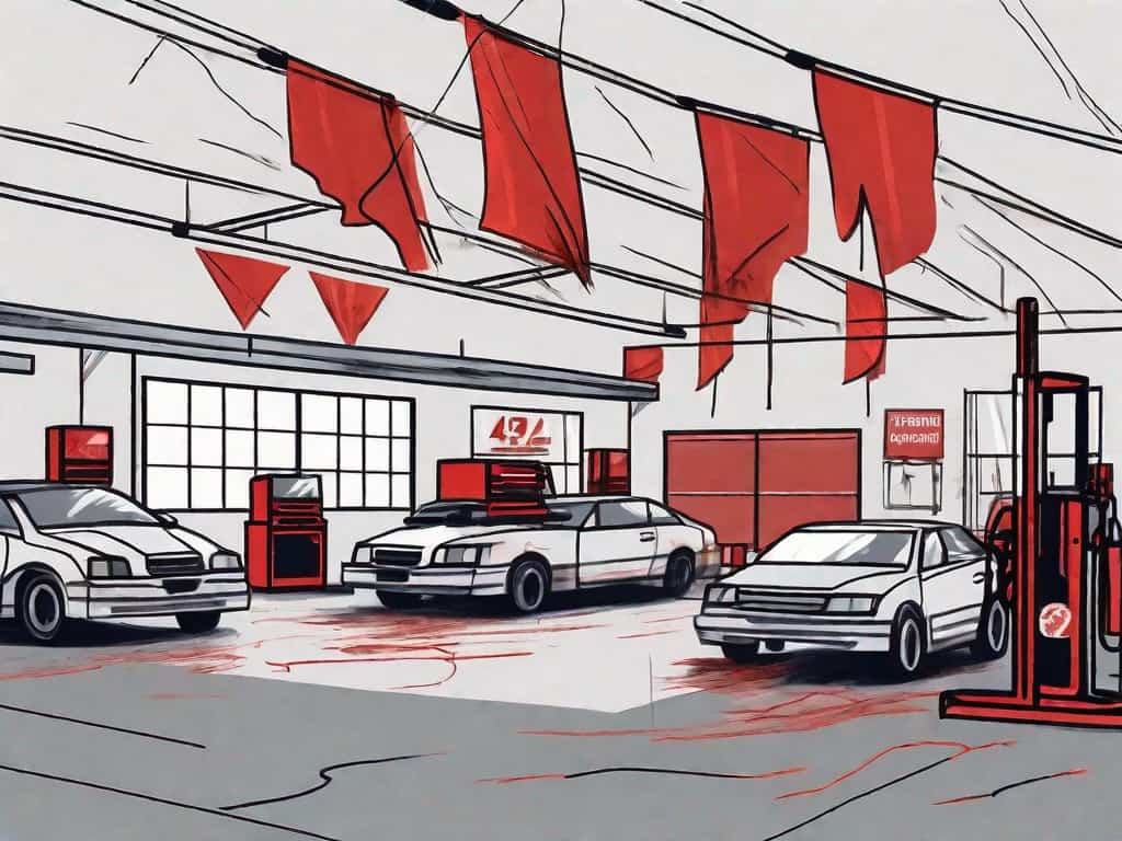 An auto repair shop with symbolic red flags flying above it