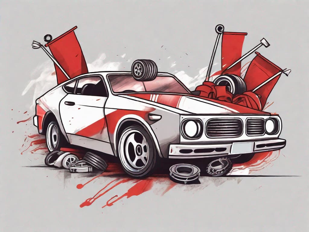 A car made from various auto parts with red flags sticking out from problematic areas like the engine