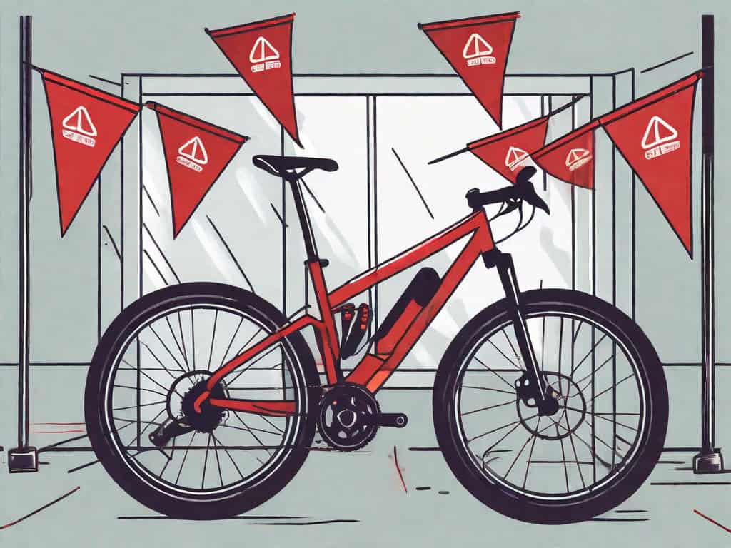 A bike shop with various red flags sticking out from it