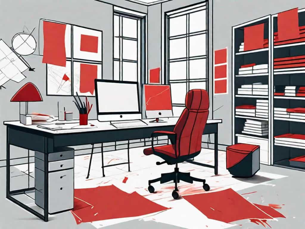 An interior design firm's office space with scattered red flags symbolically placed on various elements like a drafting table