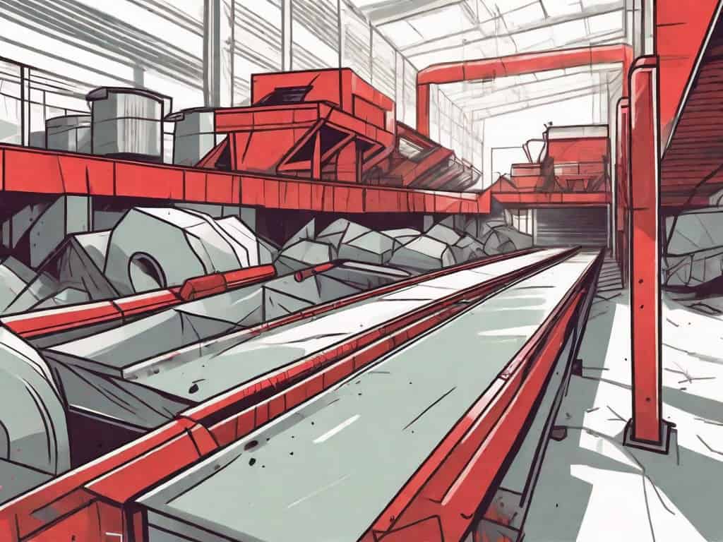 A recycling plant with some symbolic red flags placed around it