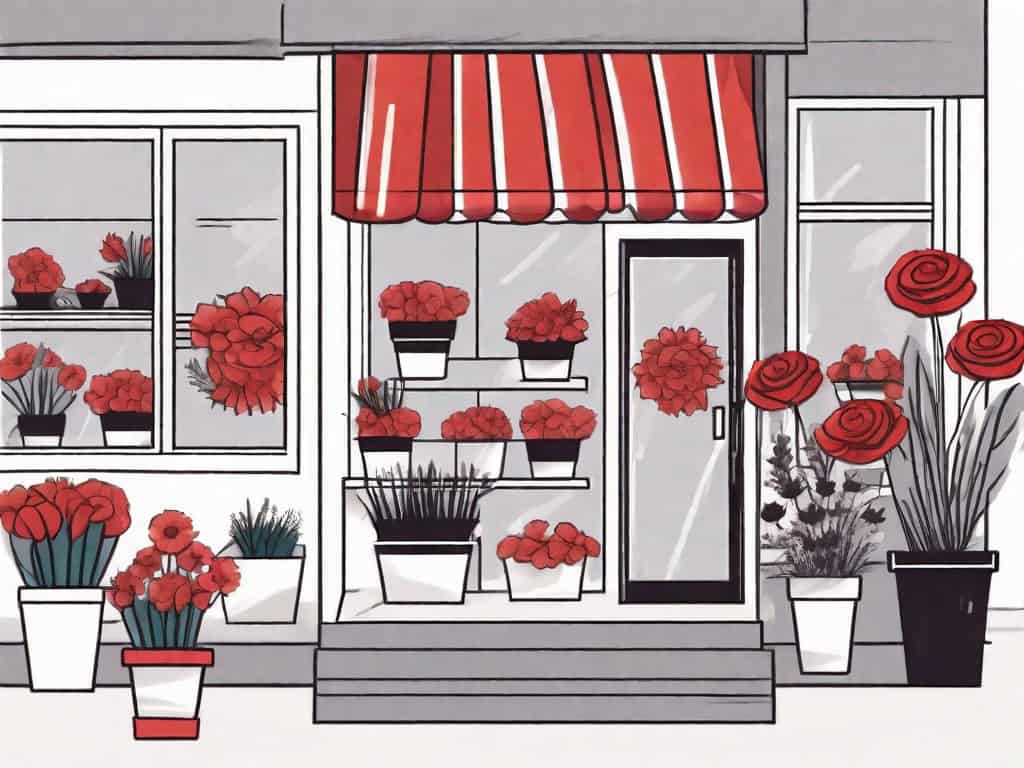 A florist shop with visible red flags sticking out from various parts like the cash register