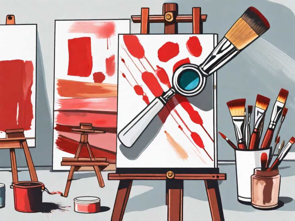 A magnifying glass scrutinizing a painting on an easel with red flags popping up from various parts of the painting setup