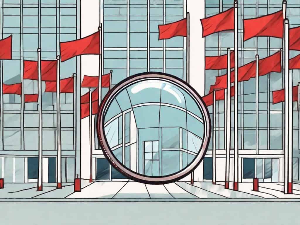 A magnifying glass hovering over a stylized electrical company building with red flags popping up from various parts of it