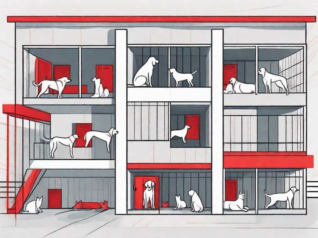 A pet boarding facility with visible red flags symbolizing issues