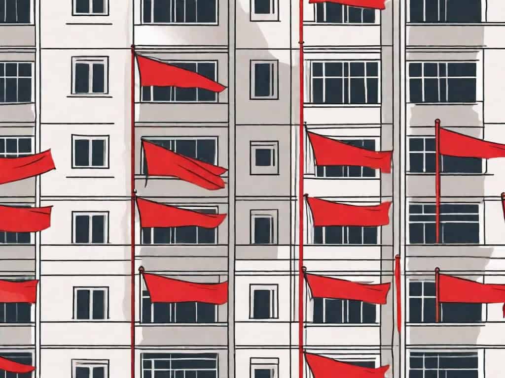 A wedding planning agency building with various red flags sticking out from it