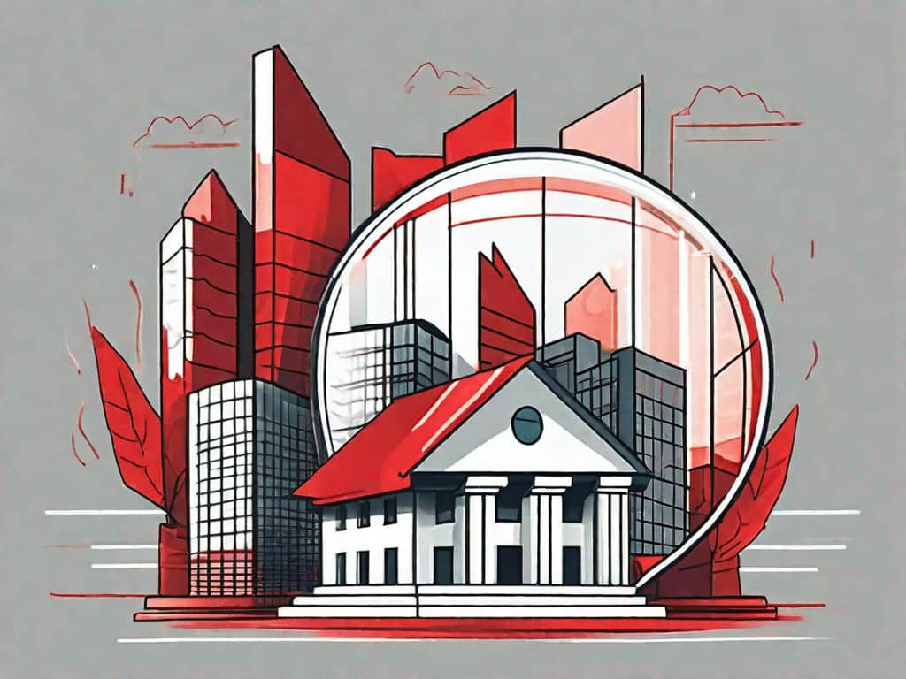 A magnifying glass scrutinizing a stylized building symbolizing an event management company