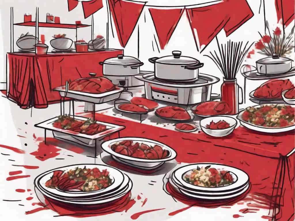 A catering setup with visible signs of neglect such as wilting flowers