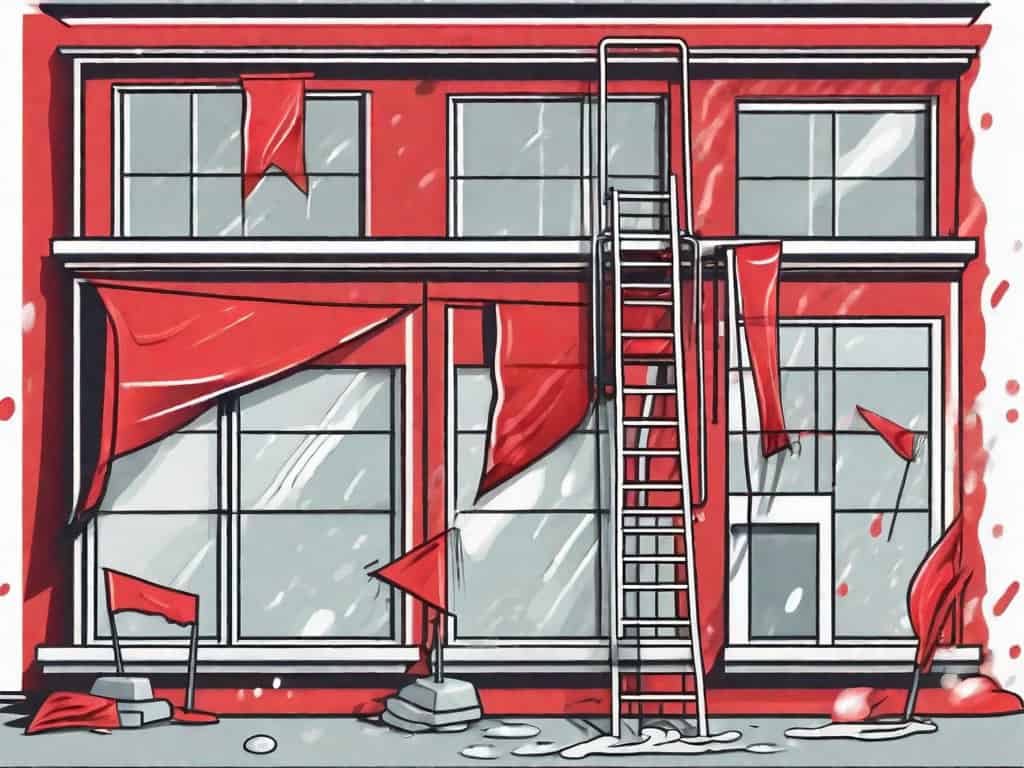 A window cleaning company building with red flags popping out from various elements like a bucket of soapy water