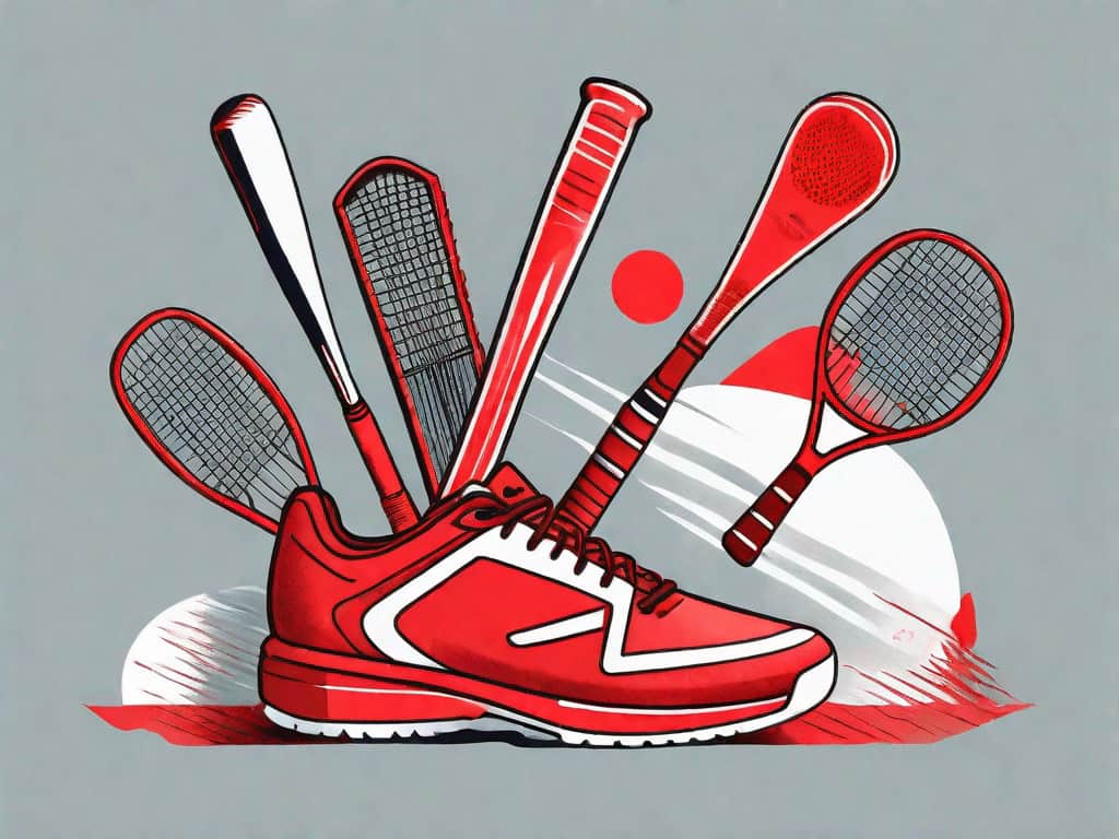 A sporting goods store with symbolic red flags popping up from various items like a baseball bat