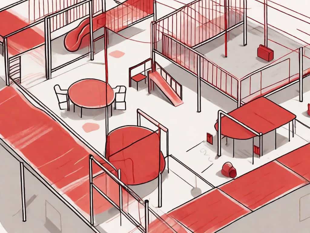 A daycare center with symbolic red flags sticking out from various parts like the playground