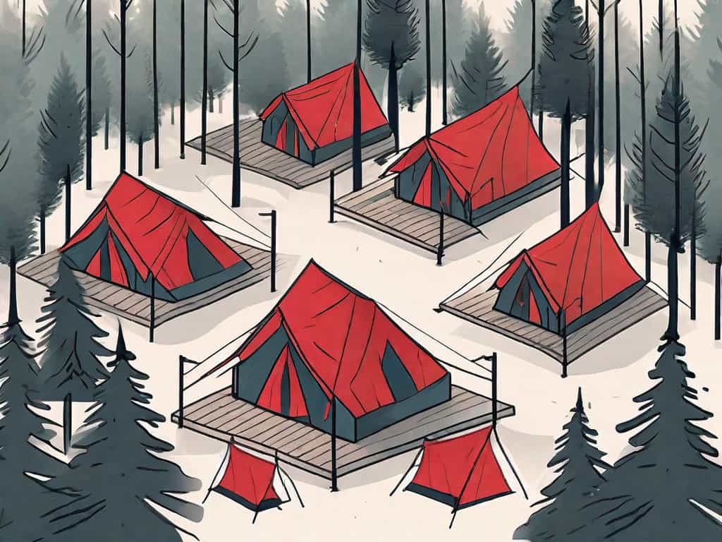 A children's camp setting with various red flags sticking out from different areas like the cabins