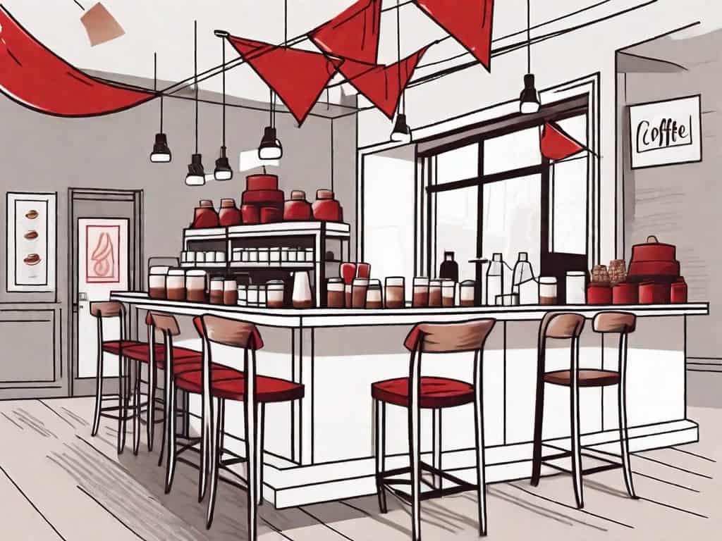 A coffee shop with a few red flags sticking out from it