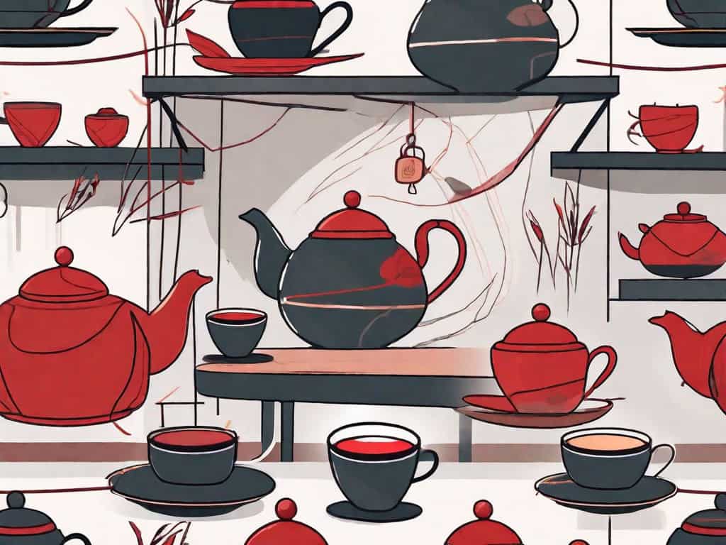 A quaint tea shop with several visible red flags waving atop it