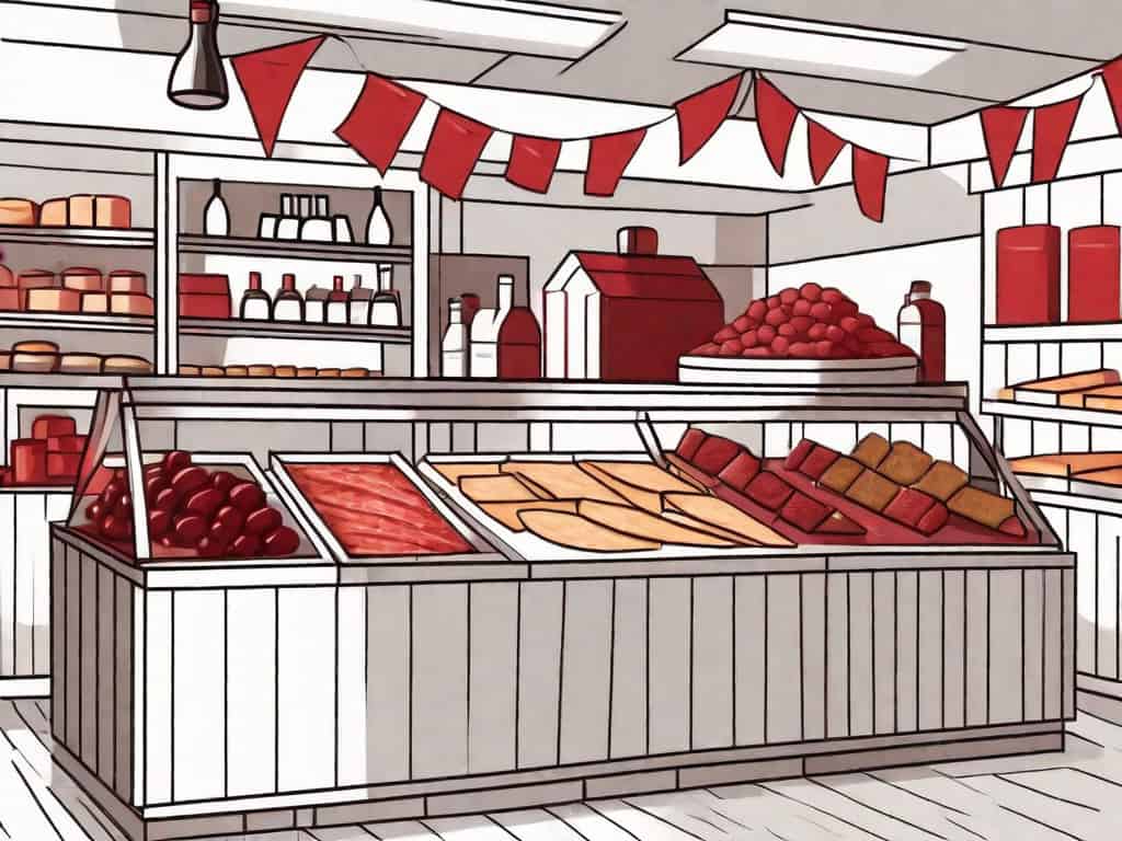 A gourmet food store with symbolic red flags hanging over certain sections like the cheese
