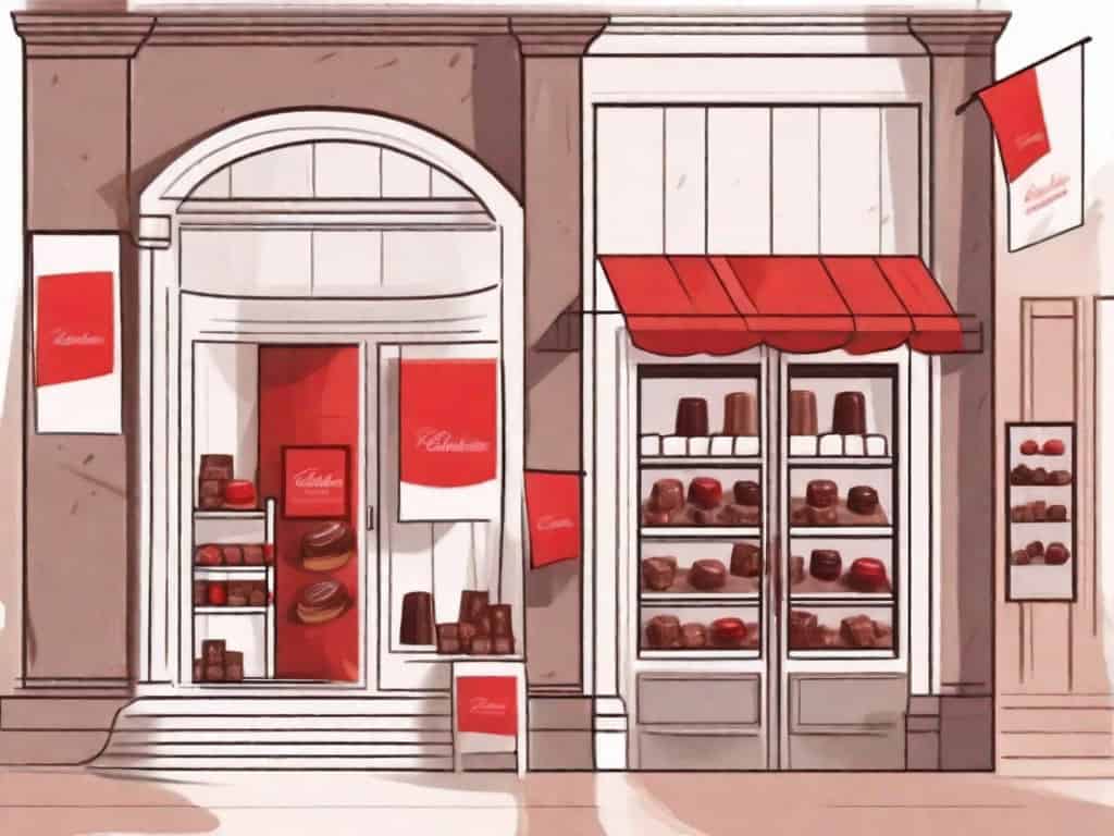 A chocolate artisan shop with a few visible red flags hanging from the entrance