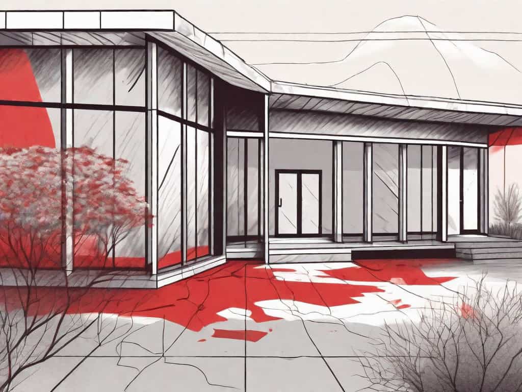 A community center building with symbolic red flags on its roof