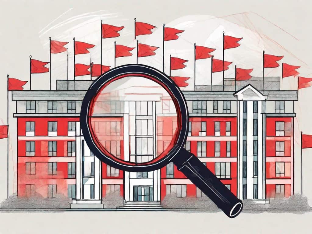 A magnifying glass examining a nonprofit building with red flags popping out from it