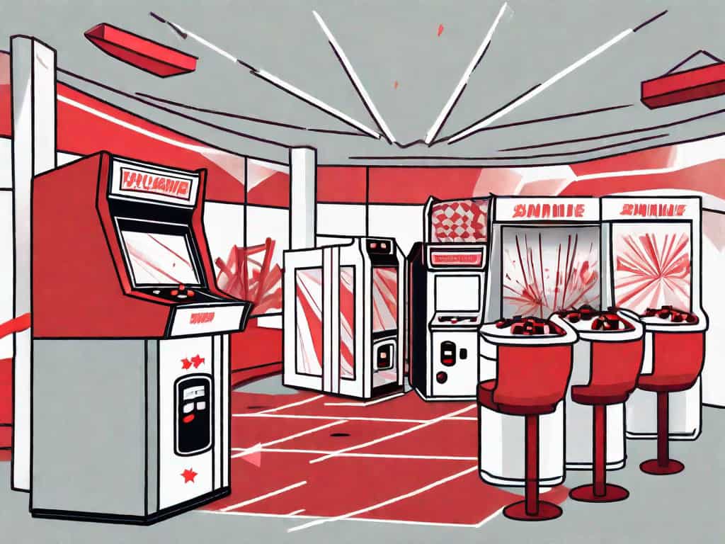 A family entertainment center with symbolic red flags scattered around potentially problematic areas such as outdated arcade machines