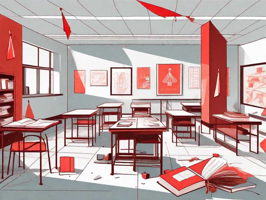 An after-school program center building with symbolic red flags on top