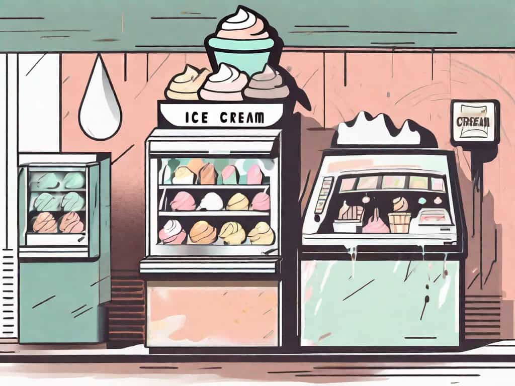 An ice cream parlor with visible signs of disrepair such as a broken ice cream cone statue