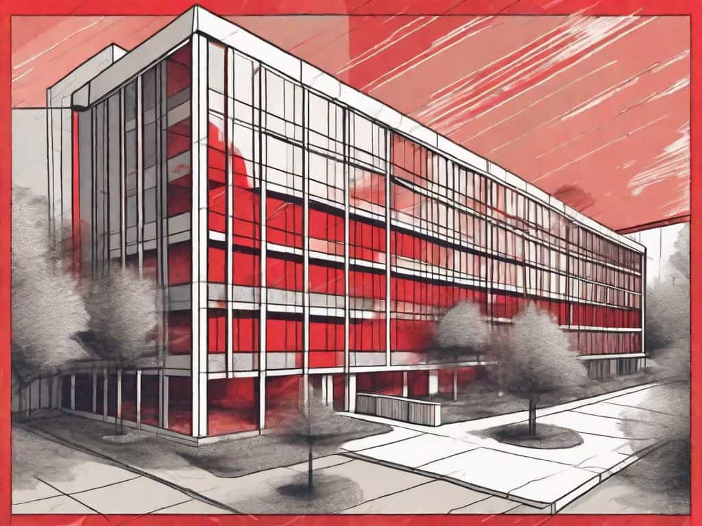 A magnifying glass highlighting red flags planted on the model of an advertising agency building