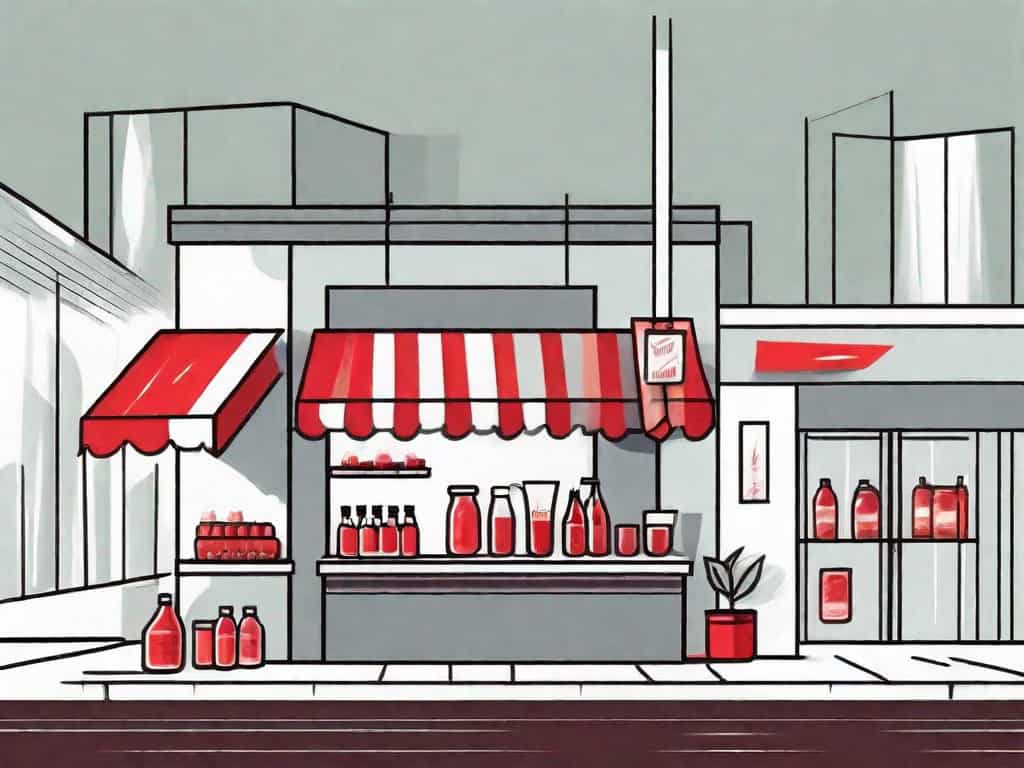 A juice bar with various red flags sticking out of the roof