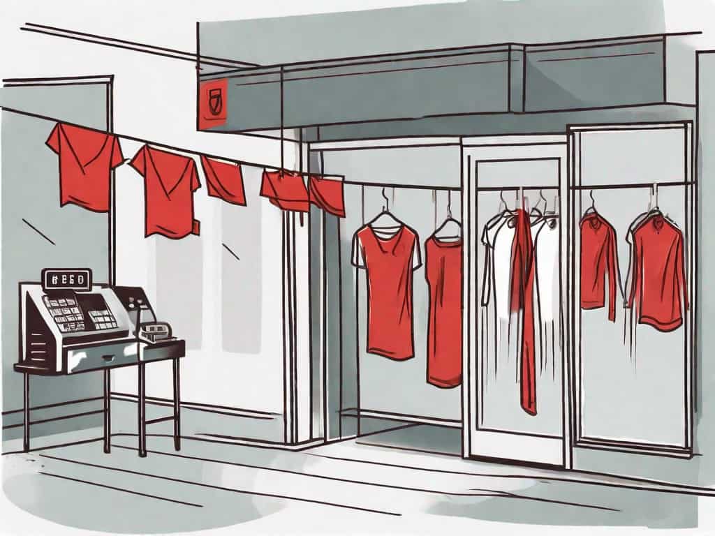 A clothing store with a few symbolic red flags hanging from the hangers