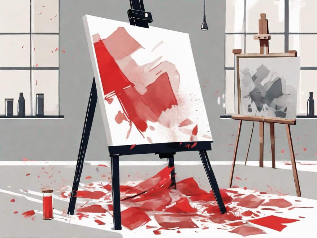A magnifying glass examining a painting on an easel with a few red flags scattered around it