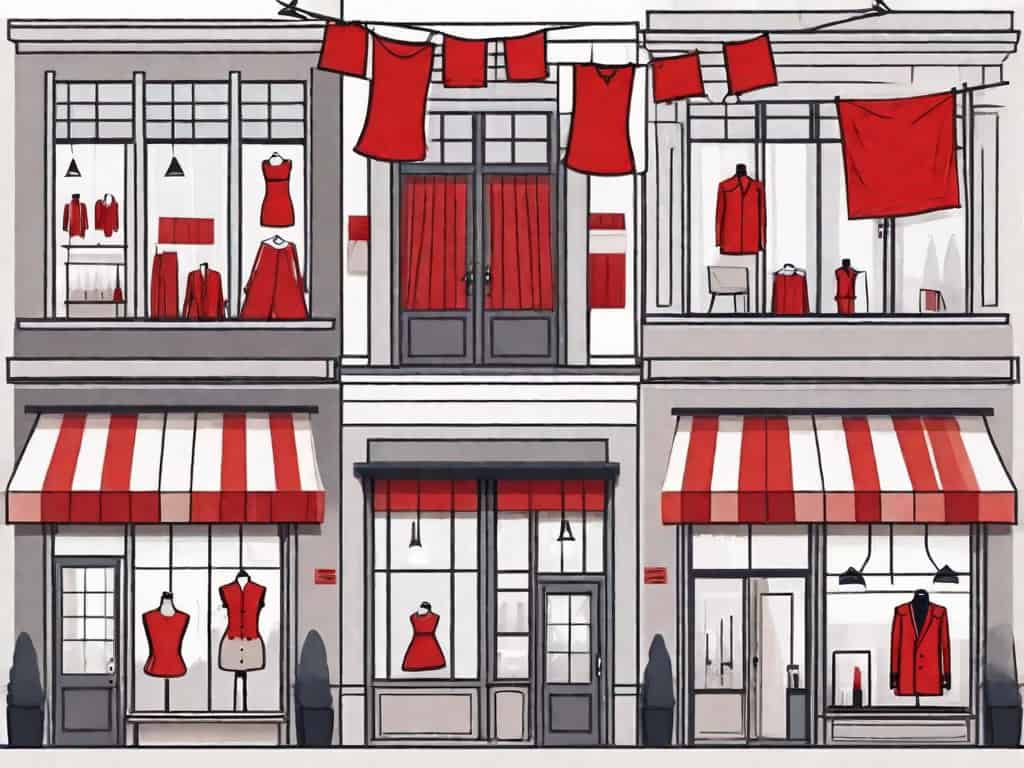 A tailor shop with a few red flags hanging outside