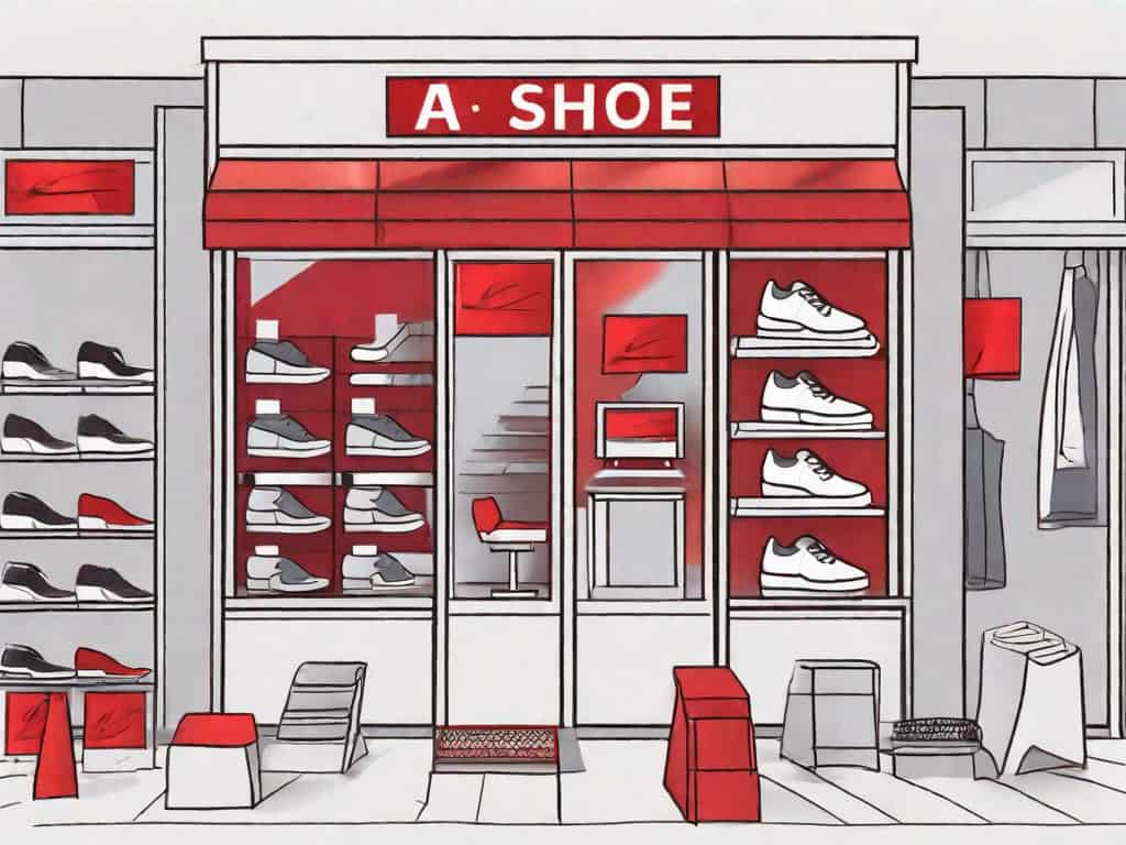 A shoe store with a few symbolic red flags sticking out from various parts like the cash register