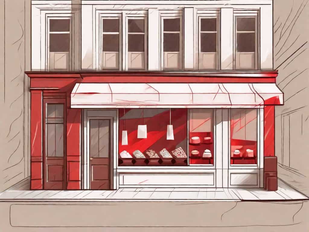 A chocolate shop with a few symbolic red flags sticking out from various parts of the building