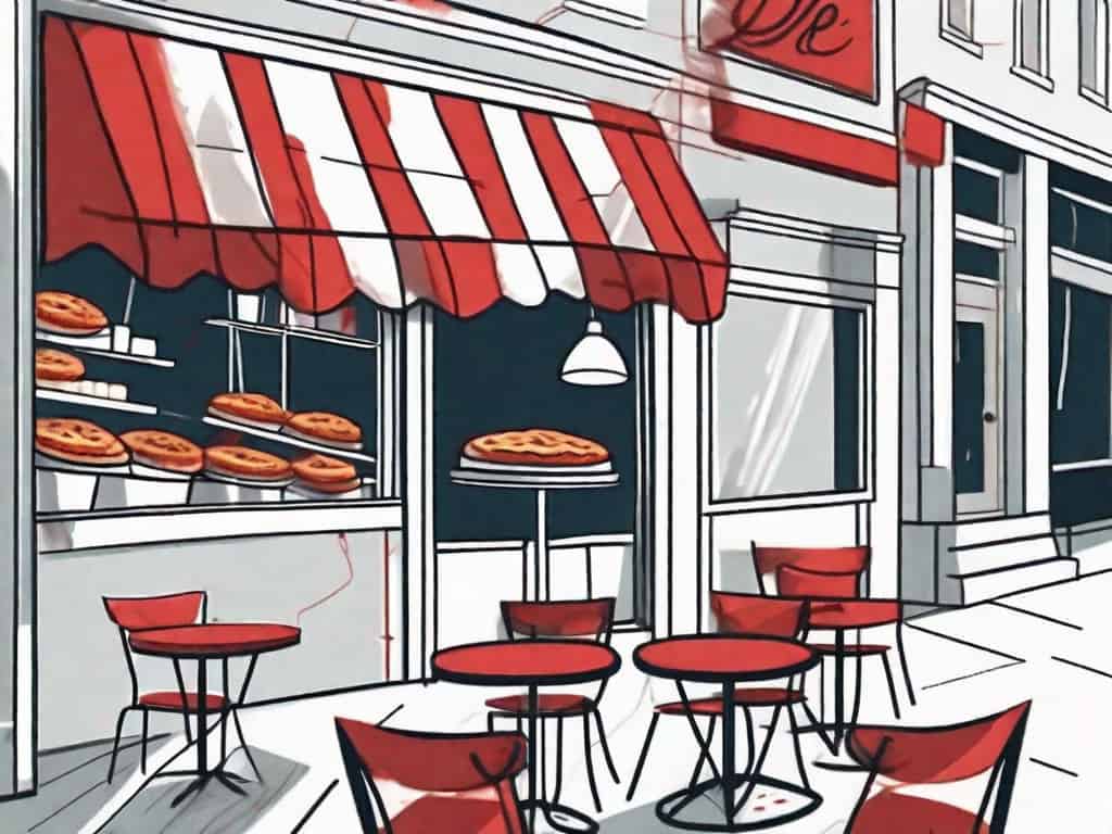 A pie shop with several symbolic red flags sticking out from it