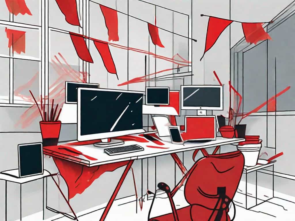 A graphic design studio with symbolic red flags emerging from various elements like computers