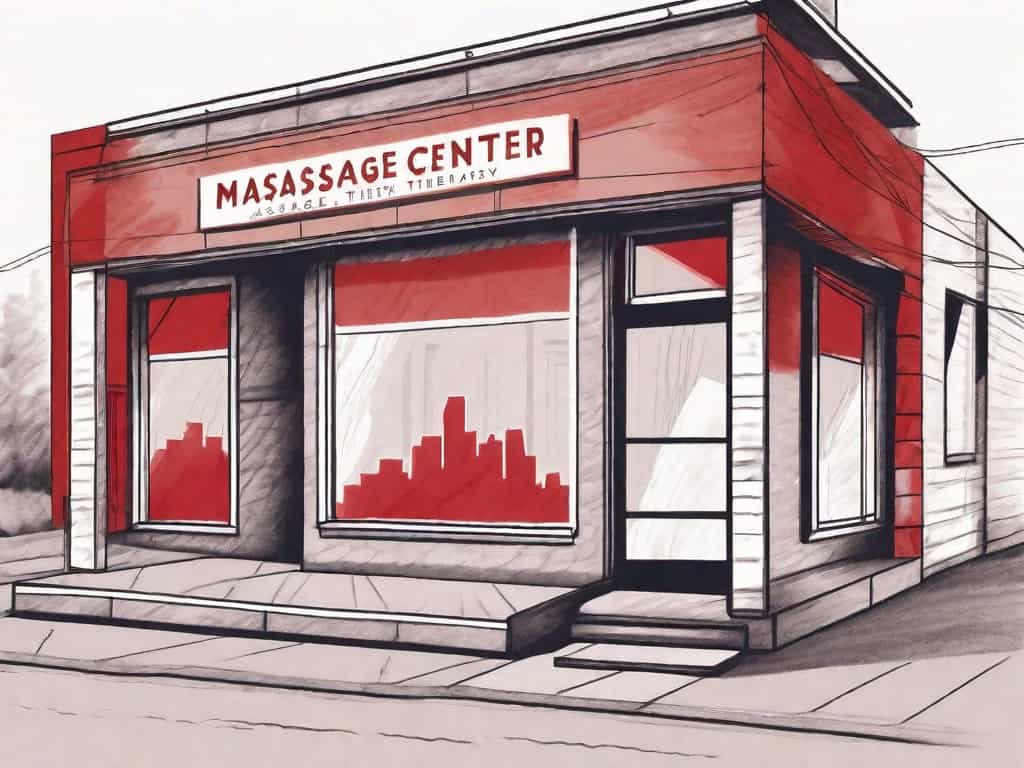 A massage therapy center with symbolic red flags hovering over it