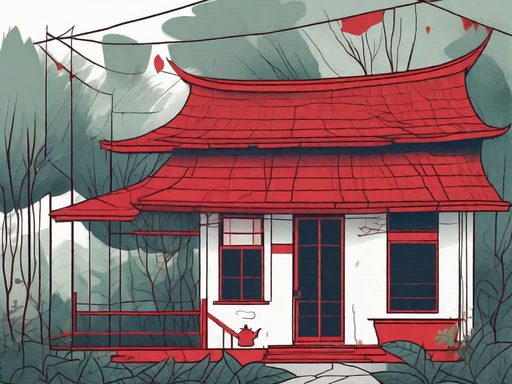 A quaint tea house with visible signs of disrepair such as a leaky roof