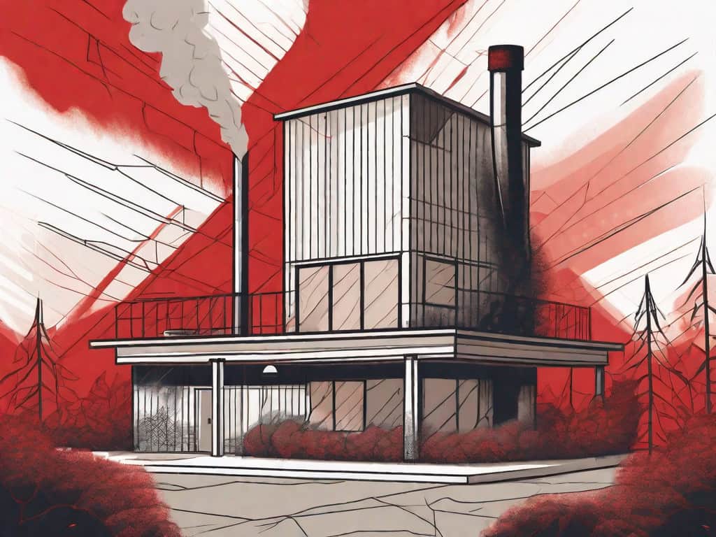 A roastery building with symbolic red flags flying above it