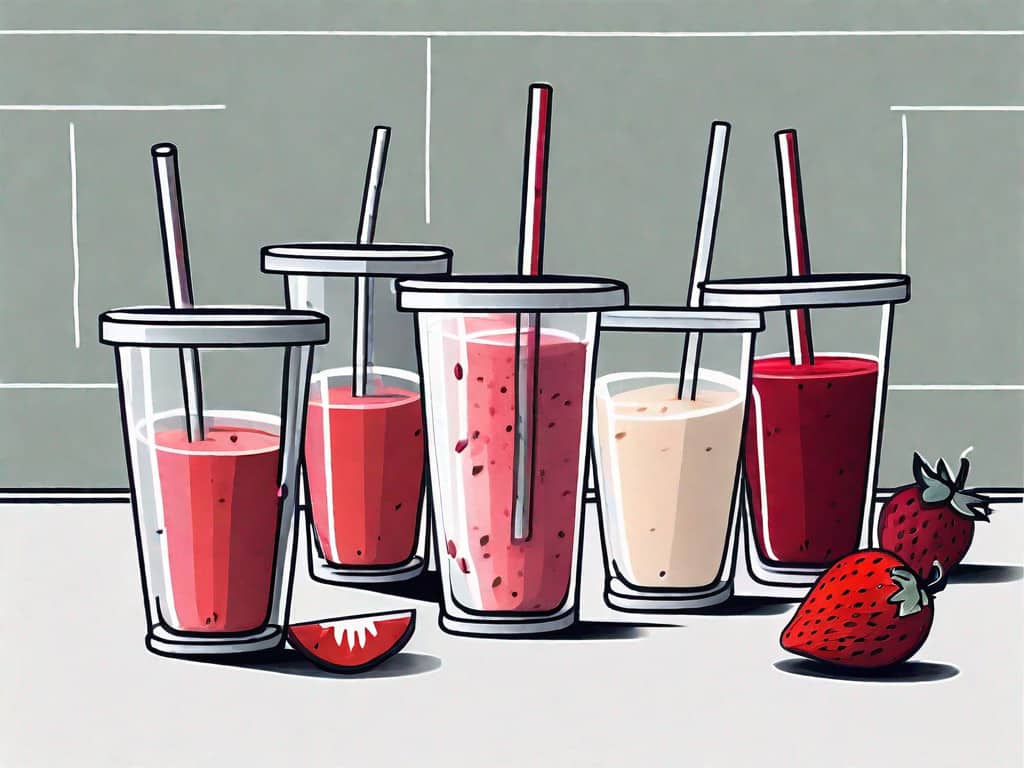A smoothie bar with a few red flags sticking out of the smoothie cups