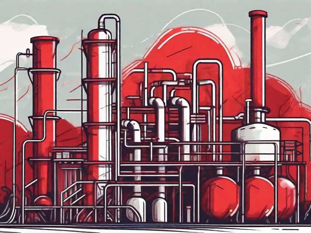 A chemical manufacturing plant with red flags popping up around it