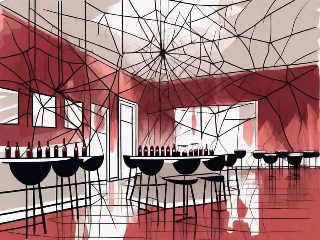 A sophisticated wine tasting lounge with visible signs of neglect like cobwebs