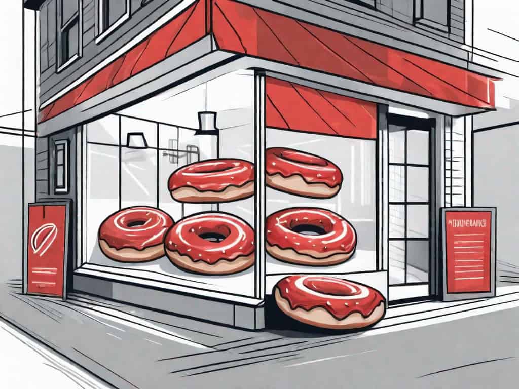 A doughnut shop with visible red flags sticking out from various parts such as the roof